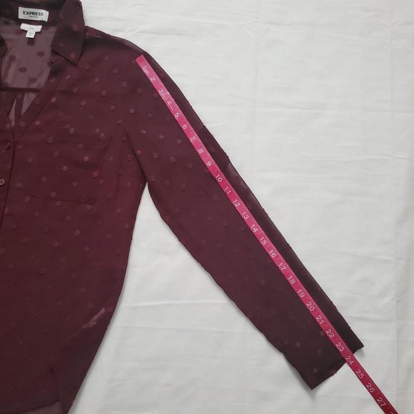 Express Women's Wine Red Slim Dotted Sheer Roll Tab Sleeve Portofino Shirt S/P - Picture 11 of 15